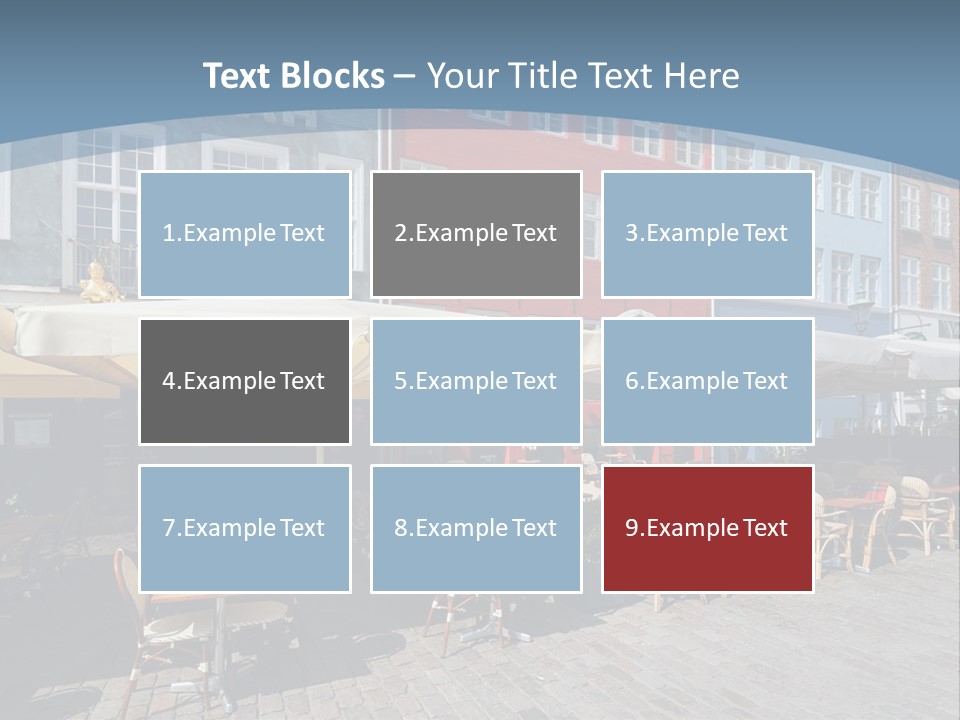A Row Of Tables And Chairs With Umbrellas Over Them PowerPoint Template