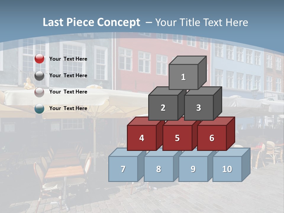 A Row Of Tables And Chairs With Umbrellas Over Them PowerPoint Template