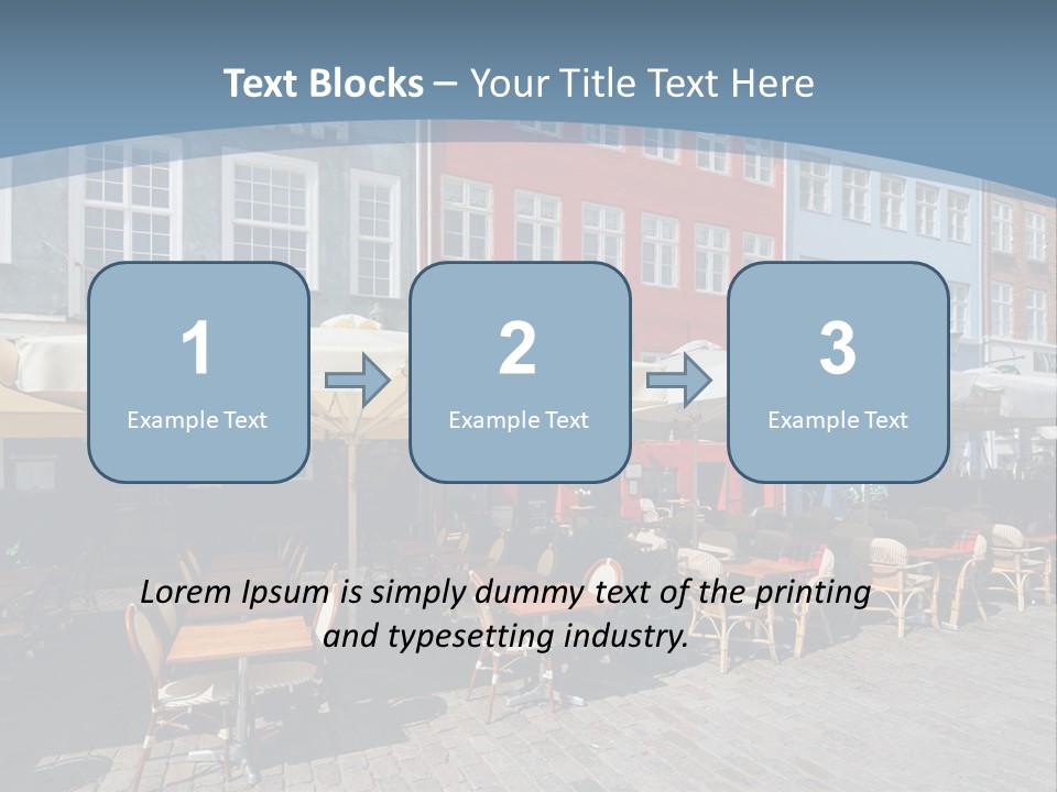 A Row Of Tables And Chairs With Umbrellas Over Them PowerPoint Template