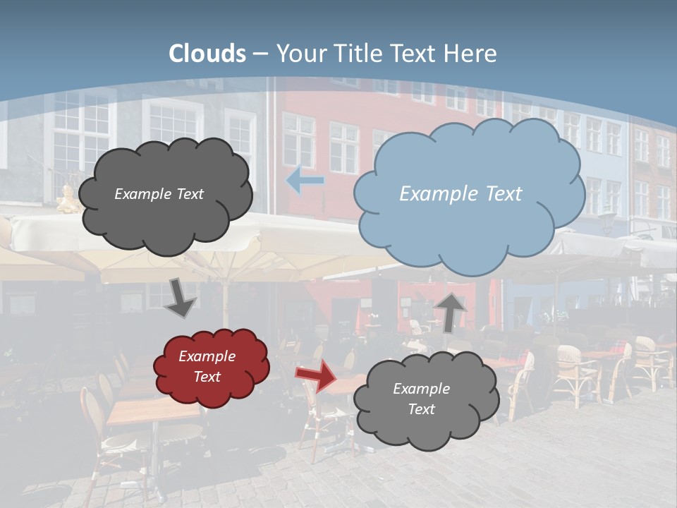 A Row Of Tables And Chairs With Umbrellas Over Them PowerPoint Template