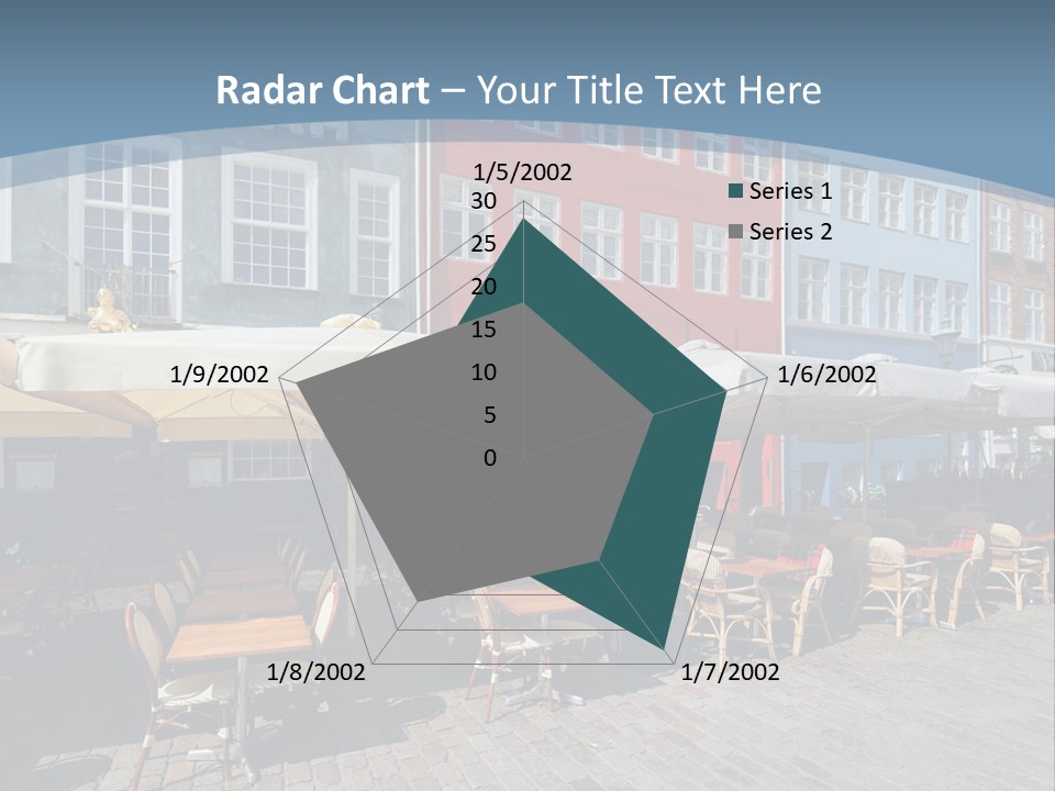 A Row Of Tables And Chairs With Umbrellas Over Them PowerPoint Template