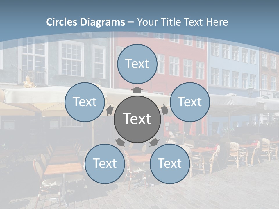 A Row Of Tables And Chairs With Umbrellas Over Them PowerPoint Template