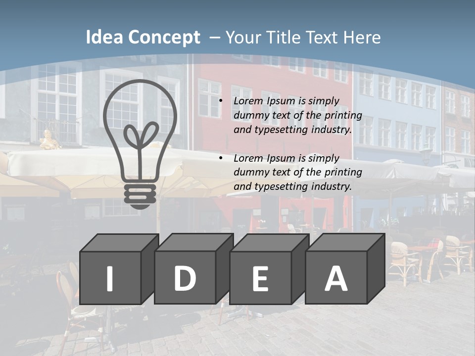A Row Of Tables And Chairs With Umbrellas Over Them PowerPoint Template