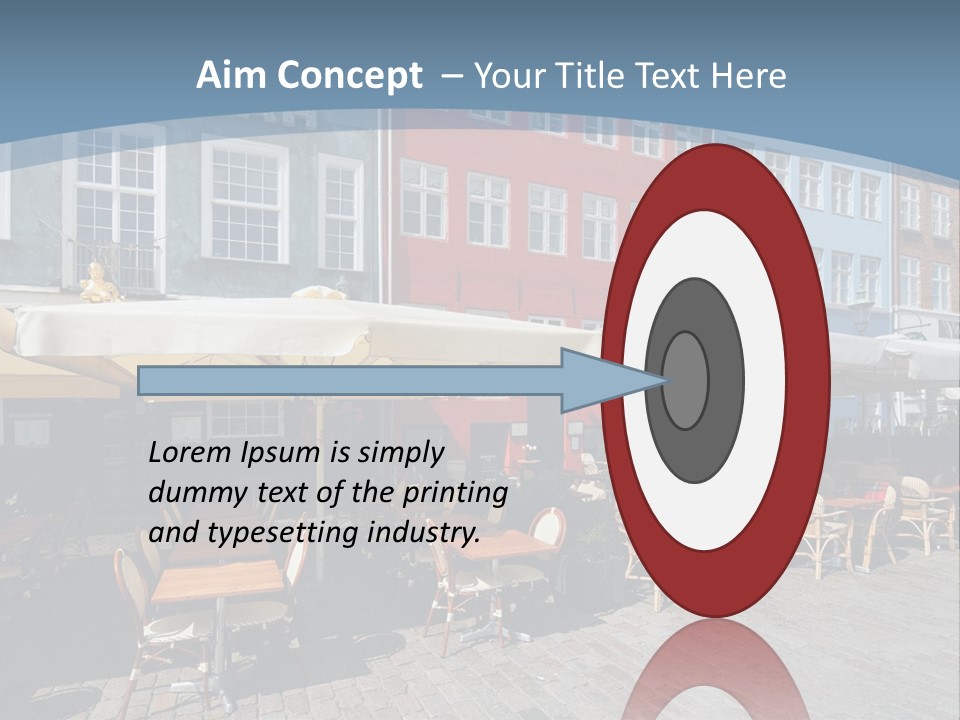 A Row Of Tables And Chairs With Umbrellas Over Them PowerPoint Template