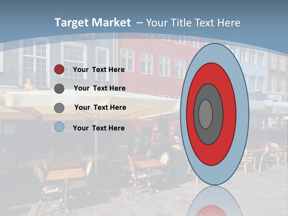 A Row Of Tables And Chairs With Umbrellas Over Them PowerPoint Template