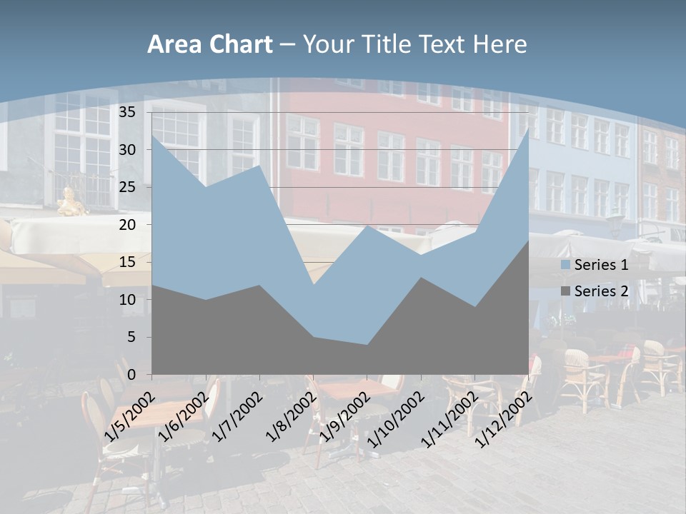 A Row Of Tables And Chairs With Umbrellas Over Them PowerPoint Template