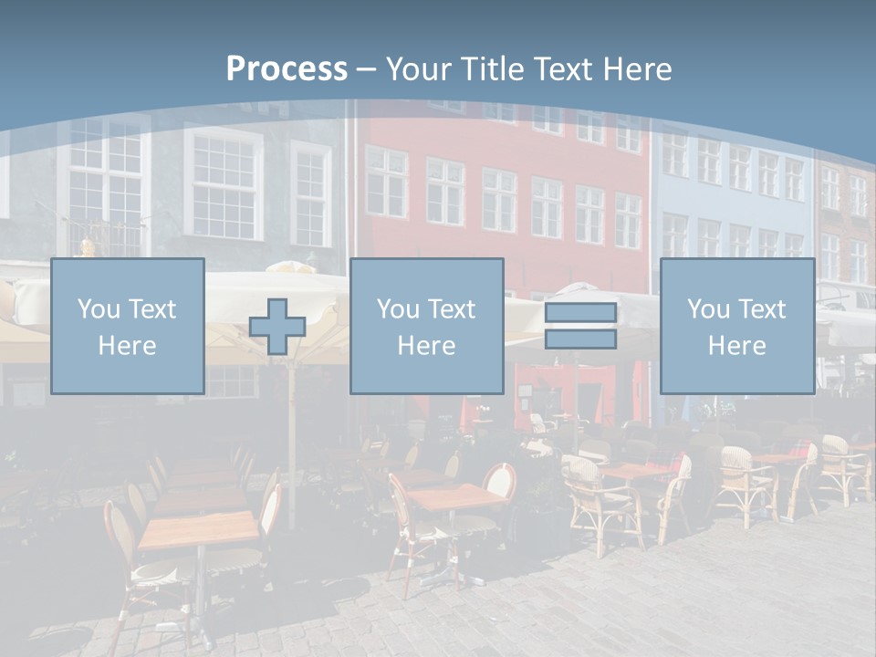 A Row Of Tables And Chairs With Umbrellas Over Them PowerPoint Template
