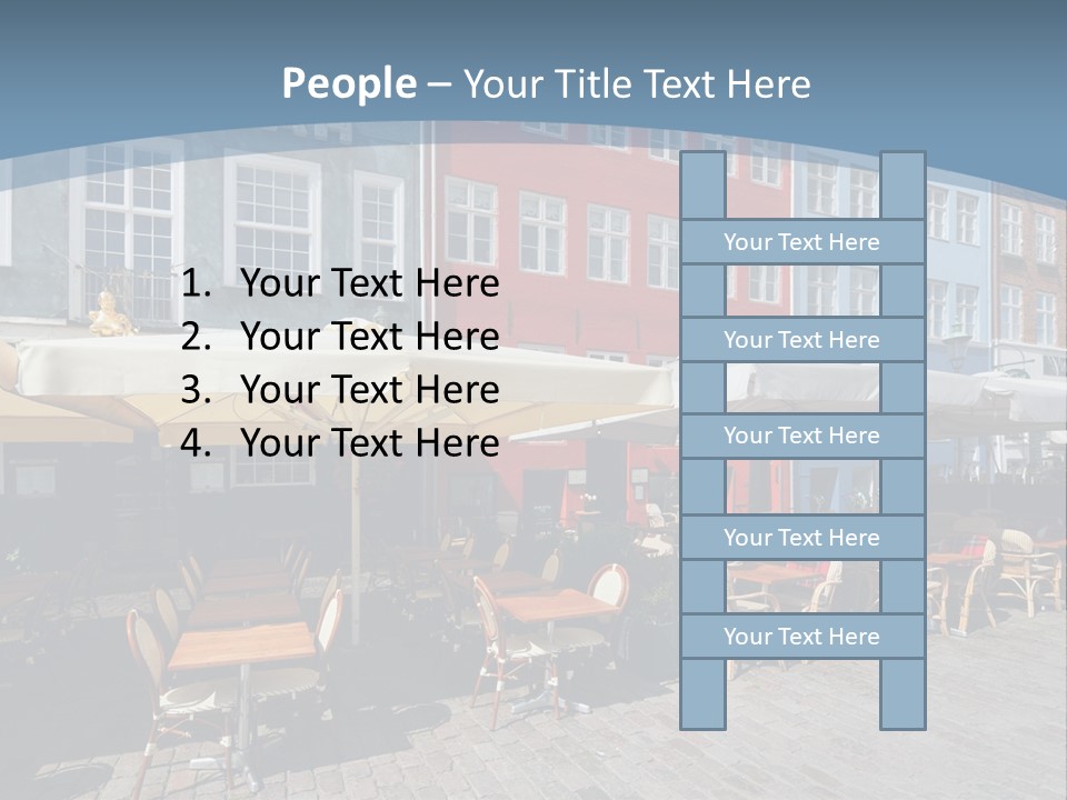A Row Of Tables And Chairs With Umbrellas Over Them PowerPoint Template