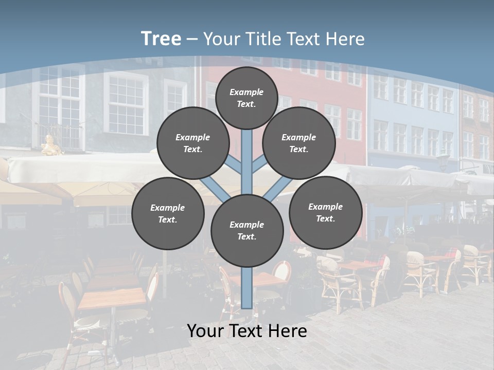 A Row Of Tables And Chairs With Umbrellas Over Them PowerPoint Template