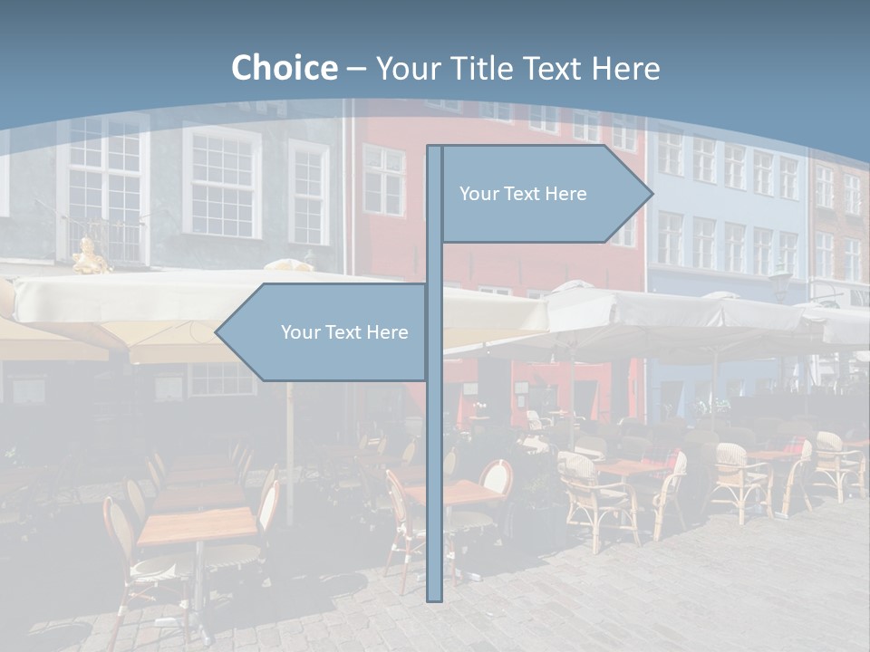 A Row Of Tables And Chairs With Umbrellas Over Them PowerPoint Template