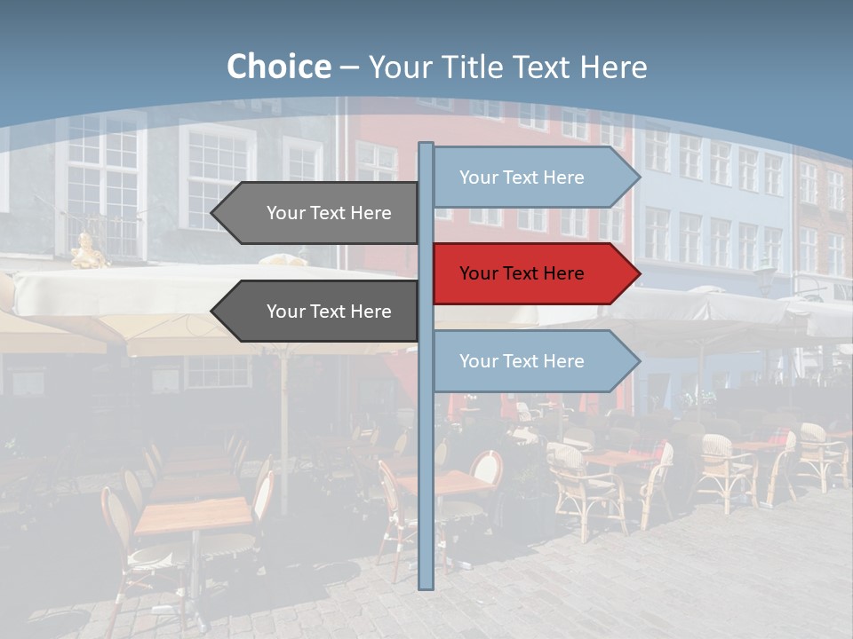 A Row Of Tables And Chairs With Umbrellas Over Them PowerPoint Template