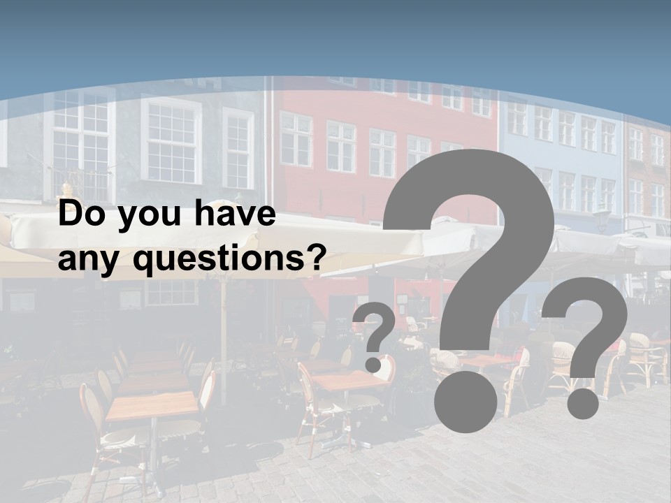 A Row Of Tables And Chairs With Umbrellas Over Them PowerPoint Template