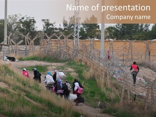 A Group Of People Walking Up A Hill PowerPoint Template