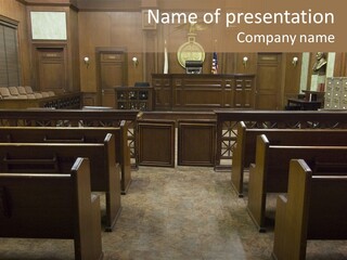 An Empty Courtroom With Wooden Pews And Chairs PowerPoint Template