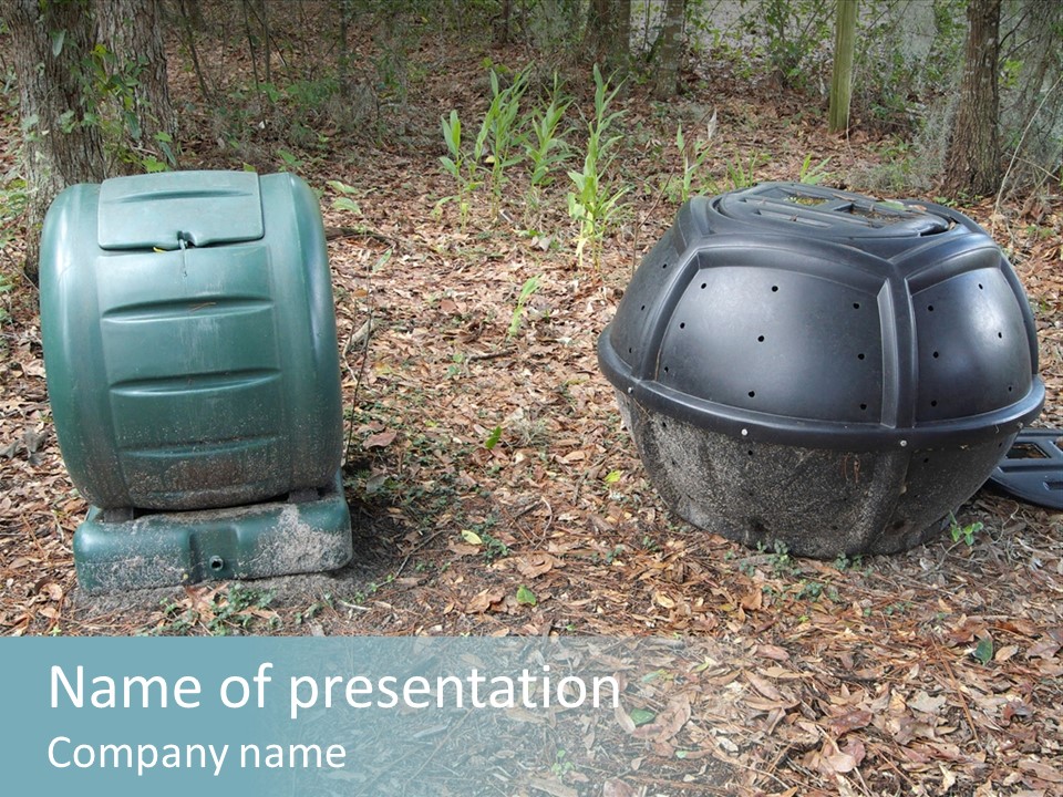 Two Trash Cans Sitting On The Ground In The Woods PowerPoint Template