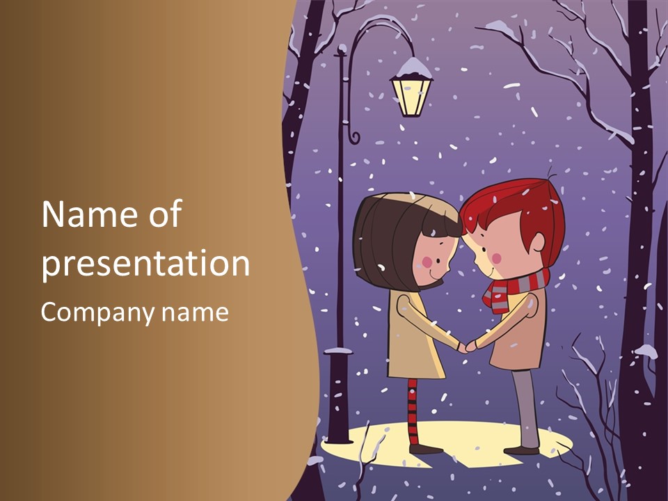 A Couple Kissing Under A Street Light In The Snow PowerPoint Template