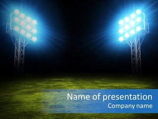 Two Stadium Lights On A Grassy Field At Night PowerPoint Template