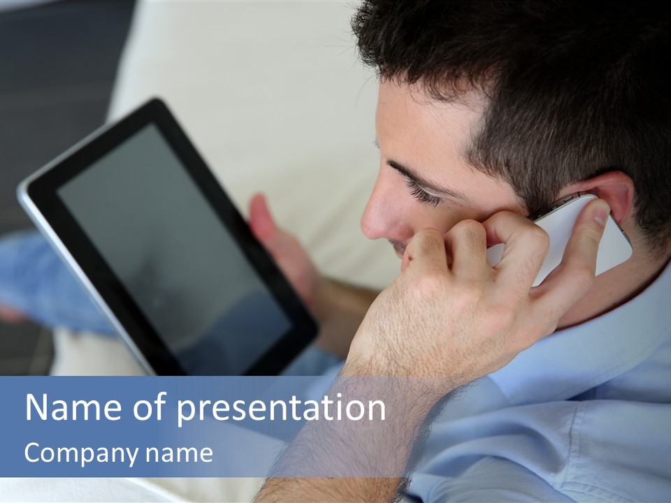 Telephone Young Sitting PowerPoint Template