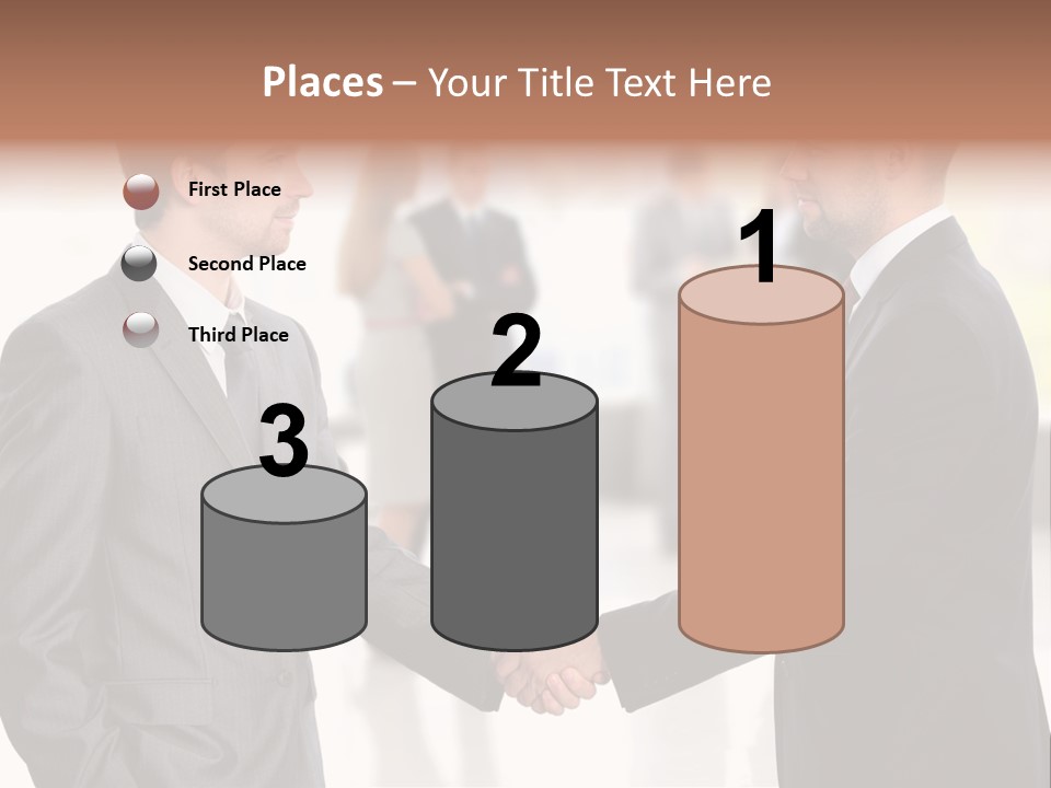 Two Men Shaking Hands In Front Of A Group Of People PowerPoint Template