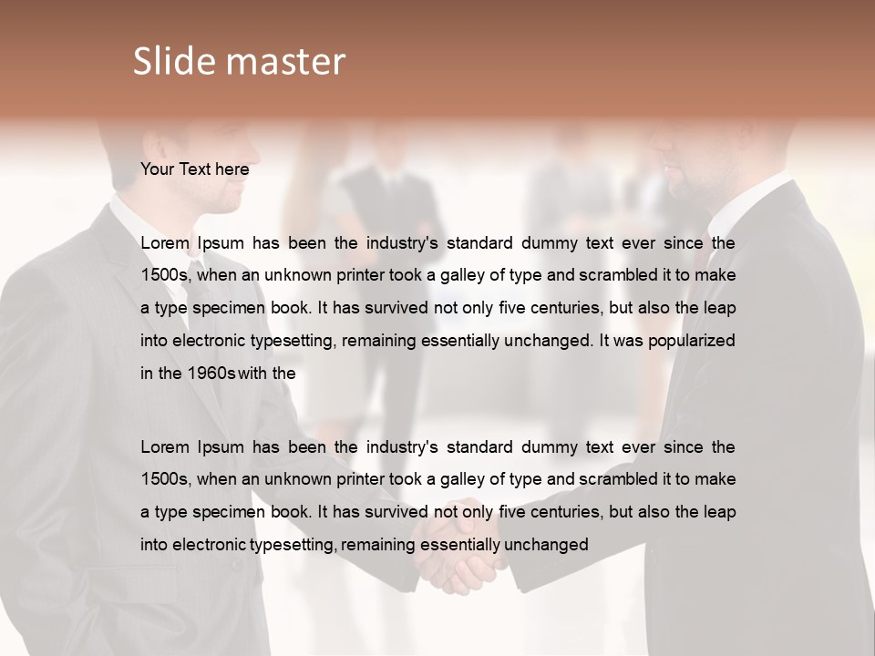 Two Men Shaking Hands In Front Of A Group Of People PowerPoint Template