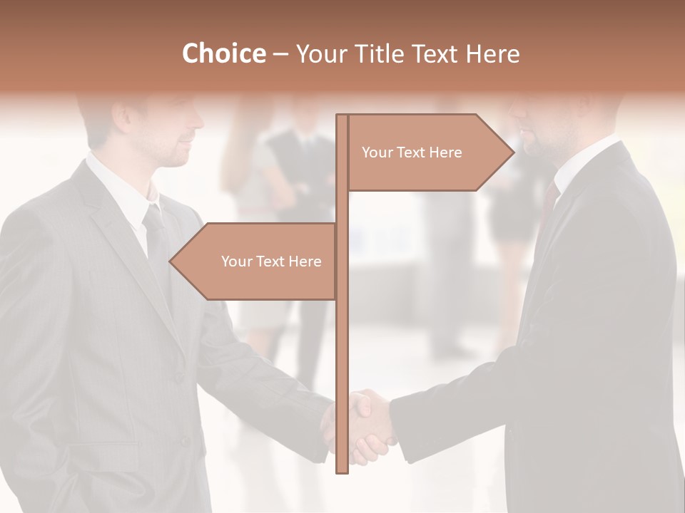 Two Men Shaking Hands In Front Of A Group Of People PowerPoint Template