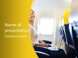A Woman Sitting On An Airplane With A Laptop PowerPoint Template
