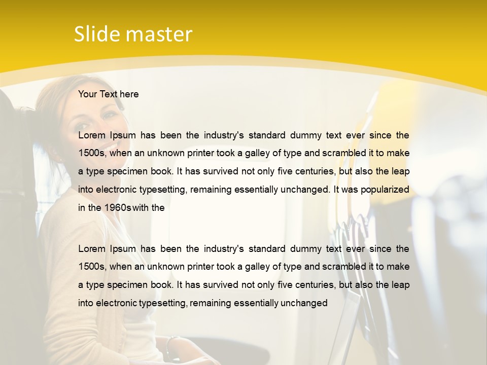 A Woman Sitting On An Airplane With A Laptop PowerPoint Template