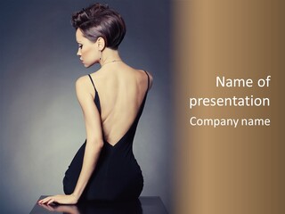 A Woman In A Black Dress Sitting On A Table PowerPoint Template
