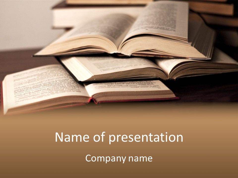 A Pile Of Books Sitting On Top Of A Wooden Table PowerPoint Template