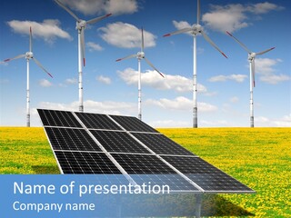A Solar Panel With Wind Turbines In The Background PowerPoint Template