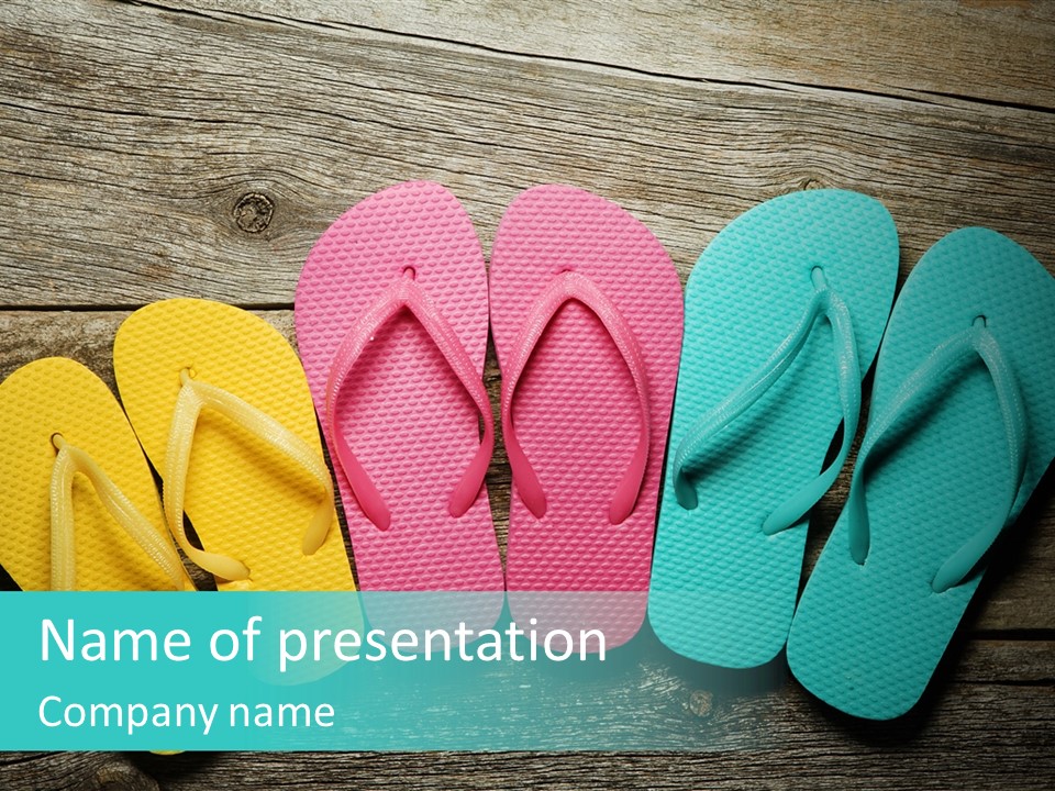 A Row Of Flip Flops Sitting On Top Of A Wooden Floor PowerPoint Template