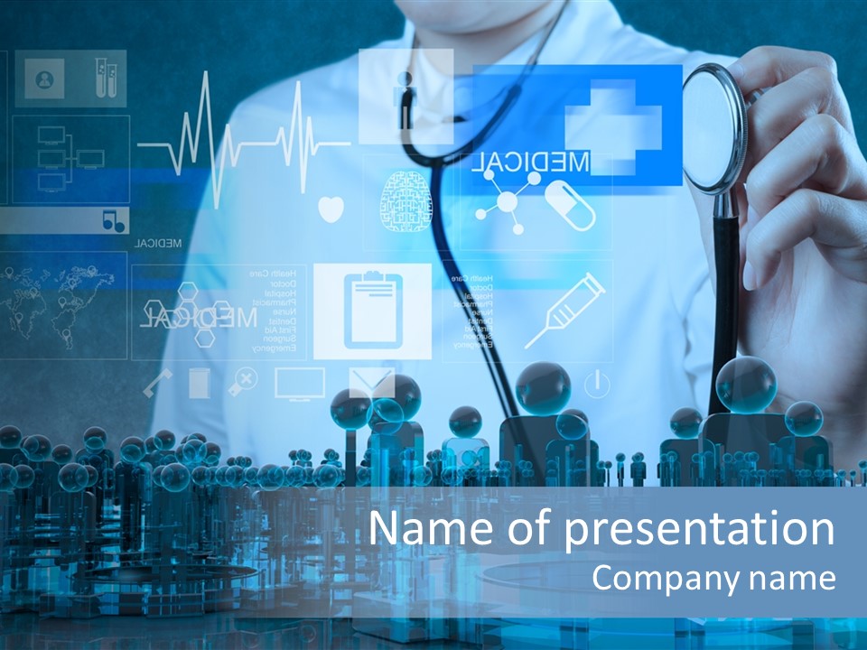 A Doctor Holding A Stethoscope In Front Of A Group Of People PowerPoint Template