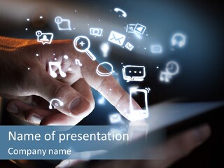 A Person Touching A Tablet With Icons Coming Out Of It PowerPoint Template