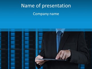 A Man In A Suit Is Holding A Tablet PowerPoint Template