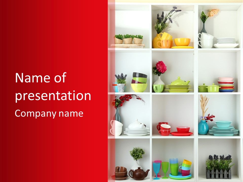 A Red And White Shelf Filled With Lots Of Dishes PowerPoint Template