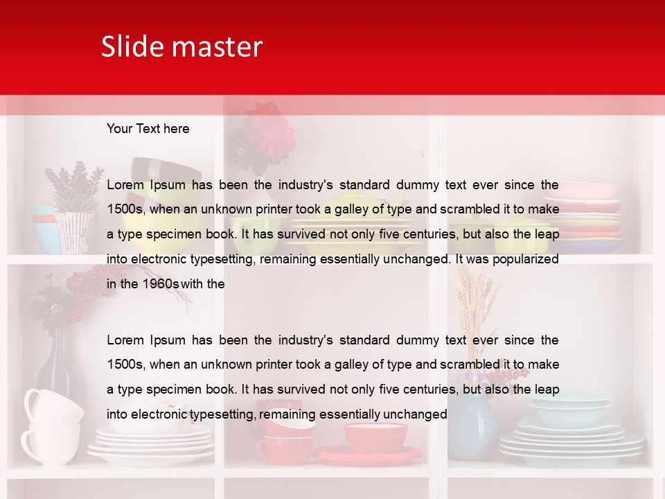 A Red And White Shelf Filled With Lots Of Dishes PowerPoint Template