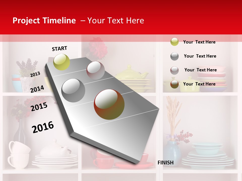A Red And White Shelf Filled With Lots Of Dishes PowerPoint Template