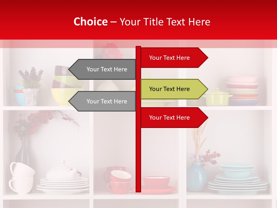 A Red And White Shelf Filled With Lots Of Dishes PowerPoint Template