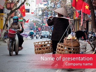 A Man Riding A Motorcycle Down A Street Carrying Baskets PowerPoint Template