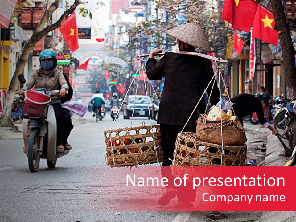 A Man Riding A Motorcycle Down A Street Carrying Baskets PowerPoint Template