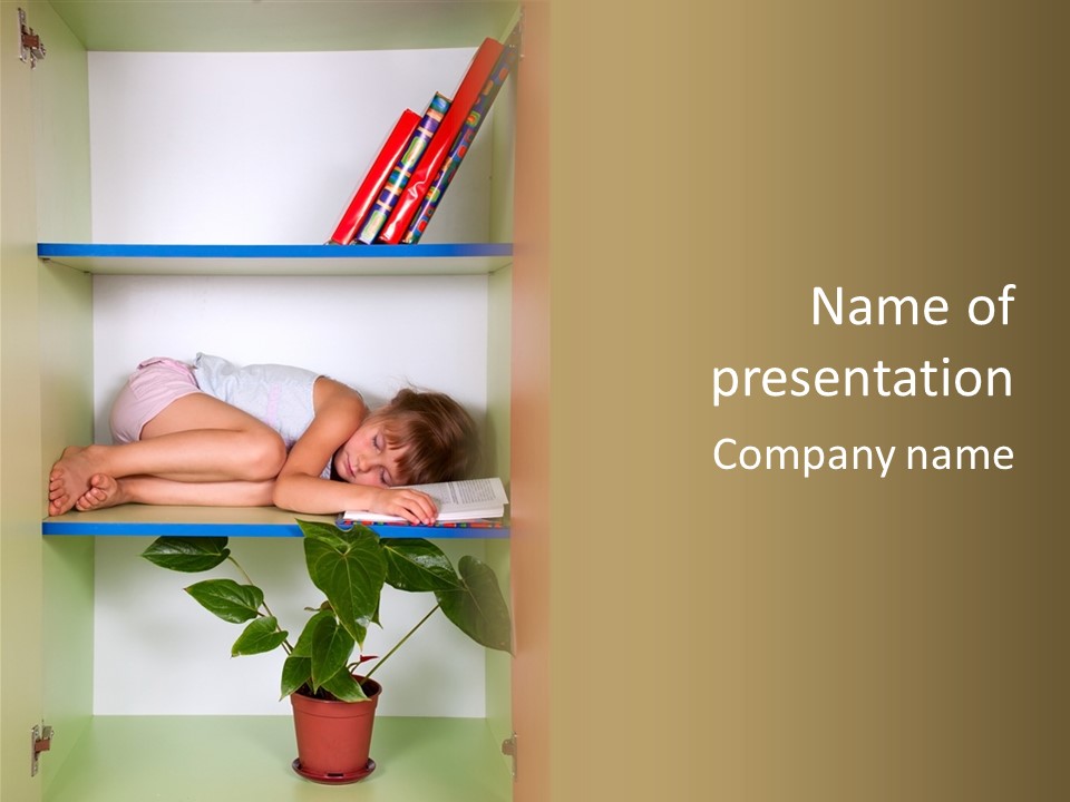 A Young Girl Is Sleeping On A Shelf With Books PowerPoint Template