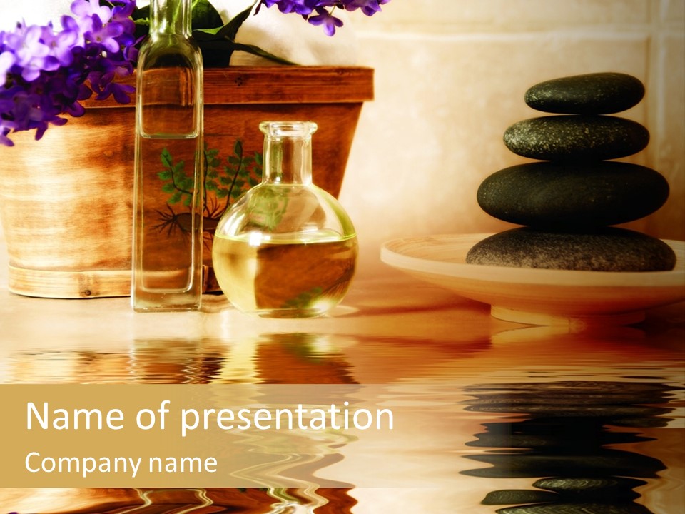 A Vase With Flowers And Rocks On A Table PowerPoint Template