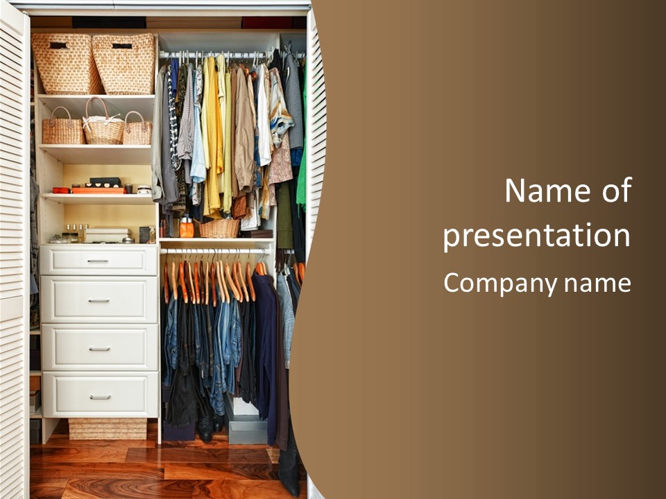 An Open Closet With Clothes And Baskets On It PowerPoint Template