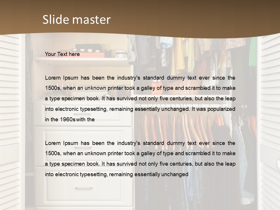 An Open Closet With Clothes And Baskets On It PowerPoint Template