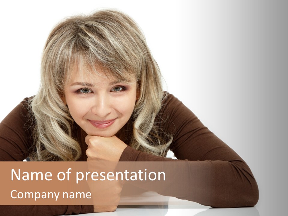 A Woman Sitting At A Table With Her Hand On Her Chin PowerPoint Template