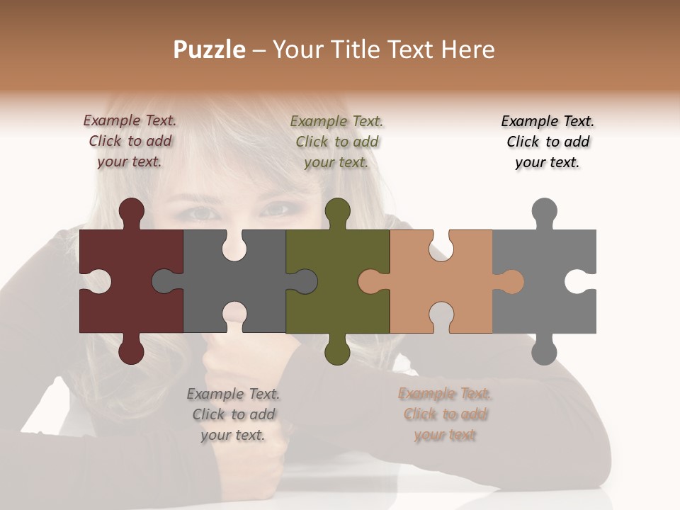 A Woman Sitting At A Table With Her Hand On Her Chin PowerPoint Template