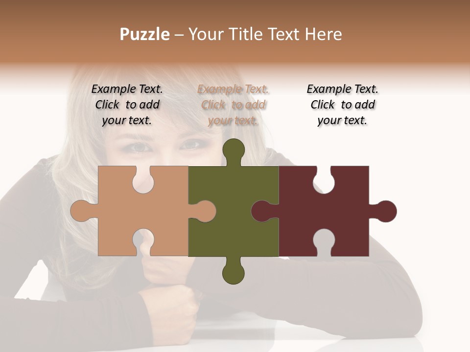 A Woman Sitting At A Table With Her Hand On Her Chin PowerPoint Template