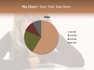 A Woman Sitting At A Table With Her Hand On Her Chin PowerPoint Template