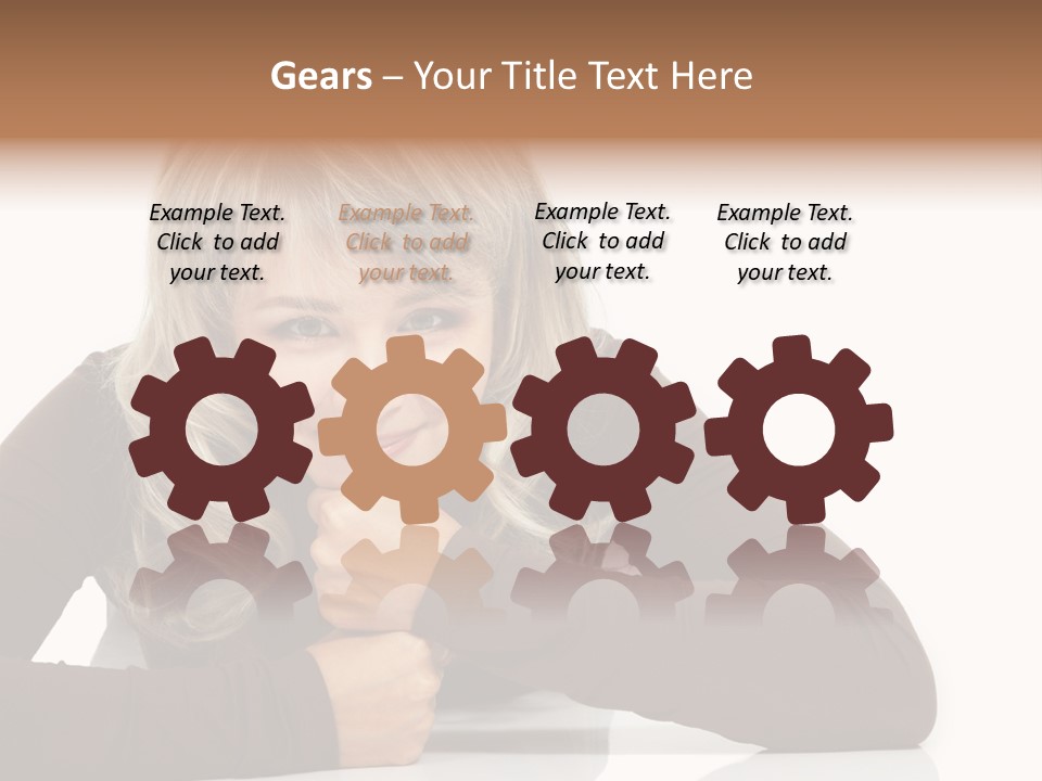 A Woman Sitting At A Table With Her Hand On Her Chin PowerPoint Template