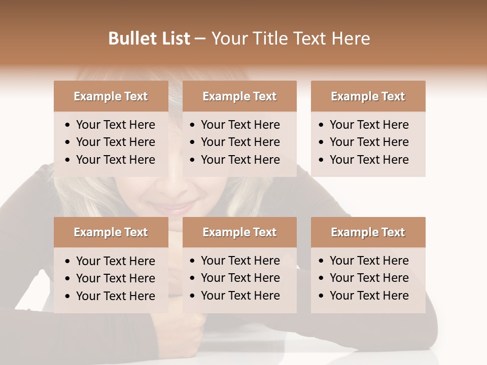 A Woman Sitting At A Table With Her Hand On Her Chin PowerPoint Template